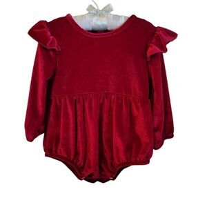 NWOT Red Cranberry Candy Apple Velvet Long Sleeve Bubble Romper Girls 18-24M